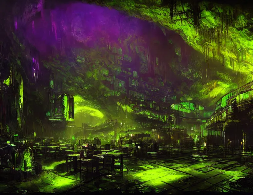 Prompt: cyberpunk nightclub in a mossy dripstone cave. oil painting by award - winning concept artist. backlighting, chiaroscuro, field of depth.