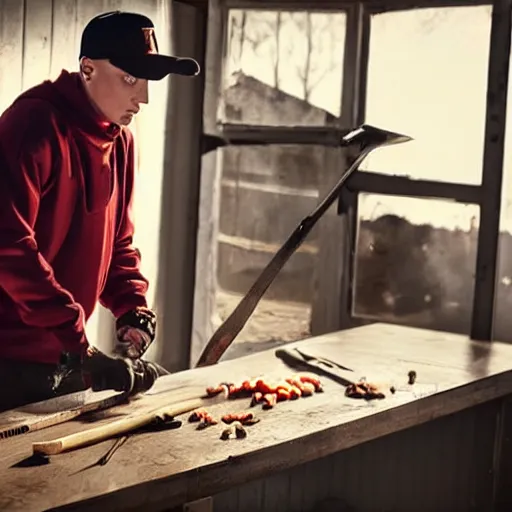 Image similar to Eminem as a butcher with axe in his hand, shot from professional camera, ultra realistic, rim light, beatiful vivid lights