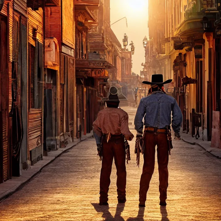 Image similar to a sunset light historical wild west broad empty street, duel between two cowboys, cowboy seen from the back, lots of sparkling details and sun ray's, blinding backlight, smoke, volumetric lighting, colorful, octane, 3 5 mm, saloon exterior, empty old town street, beautiful epic colored reflections, very colorful heavenly, softlight