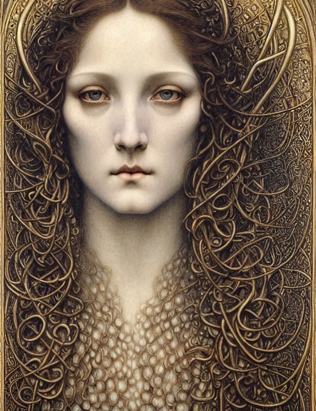 Image similar to detailed realistic beautiful young medieval queen face portrait by jean delville, gustave dore and marco mazzoni, art nouveau, symbolist, visionary, gothic, pre - raphaelite. horizontal symmetry