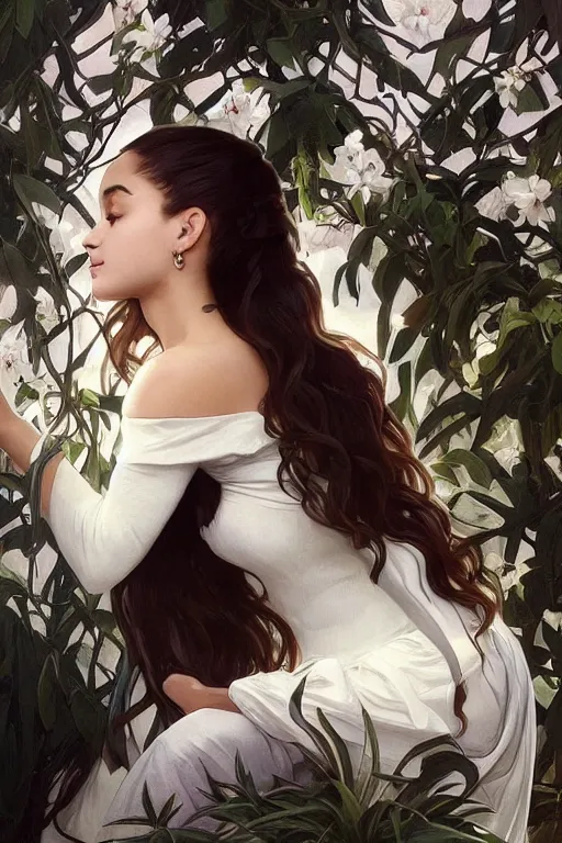 Image similar to beautiful cottagecore Ariana Grande holding a white colored vase. intricate, elegant. the background is black and white !. highly detailed, digital painting, artstation, concept art, smooth, sharp, focus, illustration. . art by artgerm and greg rutkowski and alphonse mucha