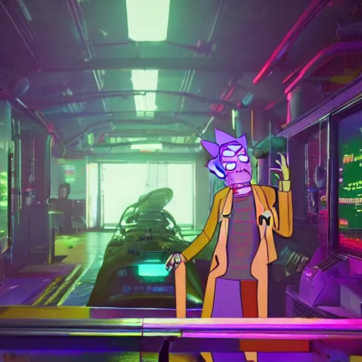 Image similar to Rick and Morty in cyberpunk 2077 unreal engine 5 8k hyperdetailed photorealism