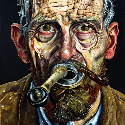 Prompt: an extreme close up portrait a beared wizard smoking a pipe, front angle, by Lucian Freud and Jenny Saville and Anselm Kiefer, oil painting, rust, Scaffolding, rusted metal, iron cladding, decay, mixed media, textured, anatomically correct, beautiful perfect face, visible brushstrokes, sharp focus, Highly Detailed, Cinematic Lighting, 8k, HD