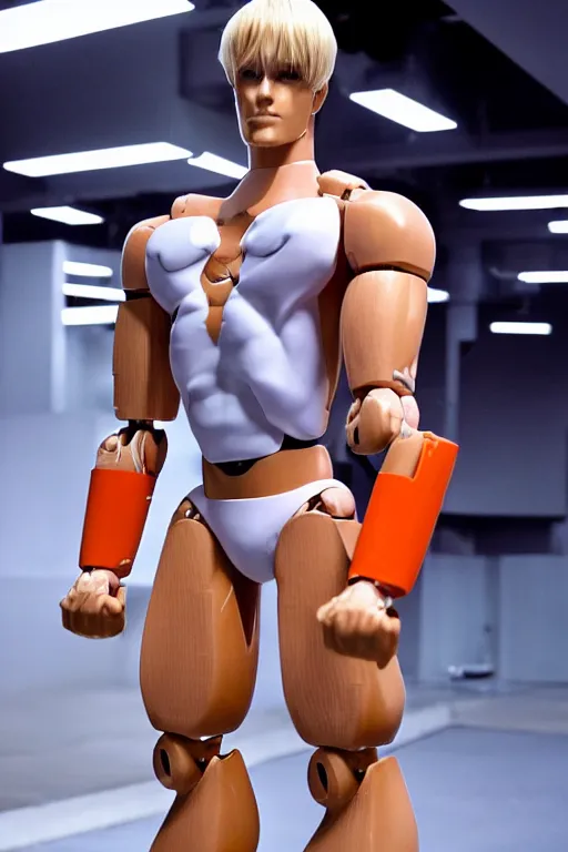 Prompt: a handsome robot bodybuilder with blonde hair who is also a male android, ken doll, muscular, wearing a cut-off white crop top and short light orange shorts stands by a swimming pool, shiny skin, robotic