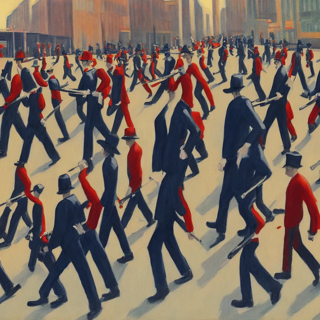 Prompt: painting of marching men in business suits, in a dystopian city, in the style of edward hopper