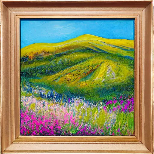 Image similar to thick impasto textured painting of a mountain side hill with wildflowers blooming