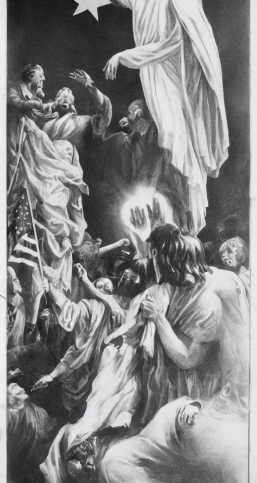 Prompt: ghost emerging from a politician, american flag, jesus christ crying in the background, lomo
