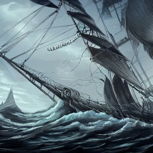 Image similar to sea monster looks like sailing ship deep dark sea, highly detailed, digital painting, smooth, sharp focus, illustration, artstation