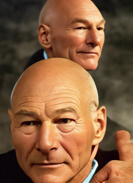 Image similar to patrick stewart's head half submerged in a bowl of beef stew