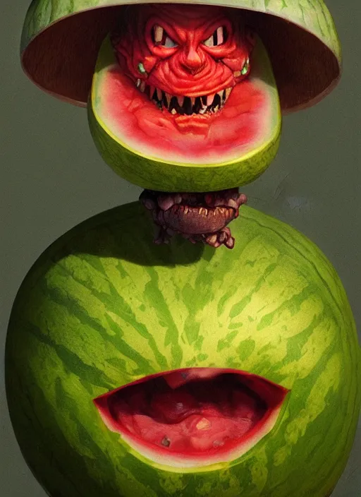 Prompt: hyper realistic photography portrait of smiling goblin with a watermelon helmet cinematic, greg rutkowski, brom, james gurney, mignola, craig mullins, artstation, cgsociety