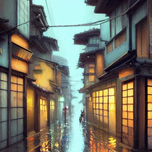 Image similar to a painting of a rain soaked back street in osaka, digital art, trending on artstation, by studio ghibli and greg rutkowski. spirited away. trending on artstation, hyperrealism, unreal engine