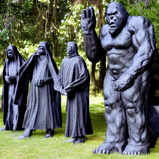 Image similar to black robed group of occultist worshipping a bigfoot statue