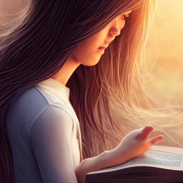 Image similar to a girl reading a book, her hair flowing down, highly detailed, 4 k, hdr, smooth, sharp focus, high resolution, award - winning photo, artgerm, photorealistic