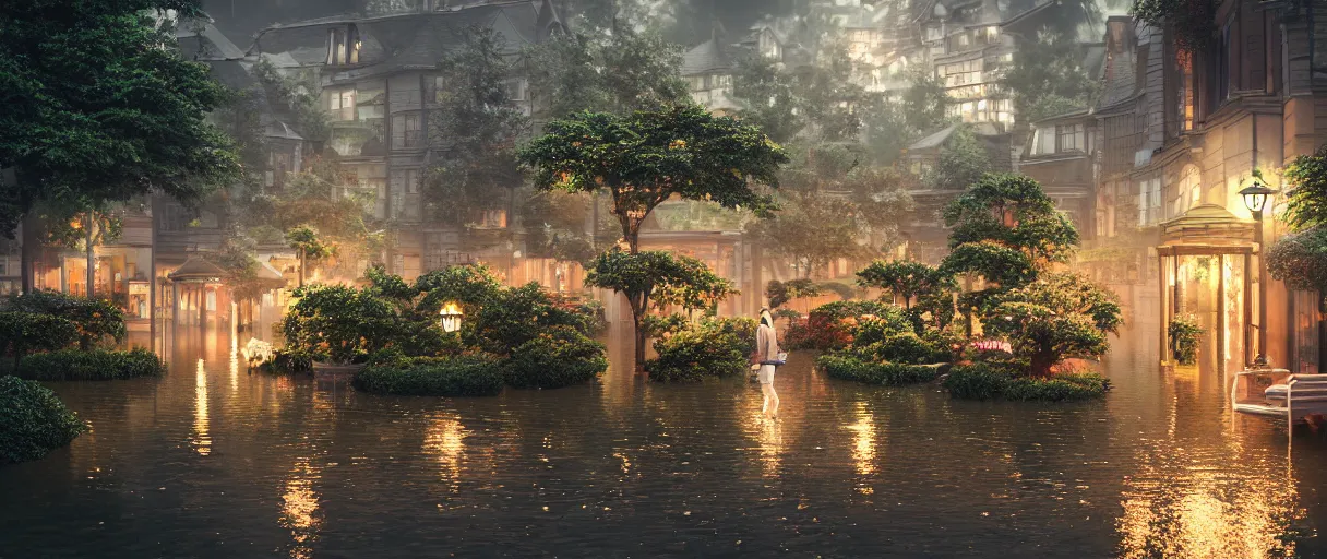 Image similar to carriership landing on raining night at flooded miniature city, emotion is on the rise on the town, cute style garden, octane render, trees, evergreen, patio, garden, wet atmosphere, tender, soft light misty yoshitaka amano, and artgerm, pixel art