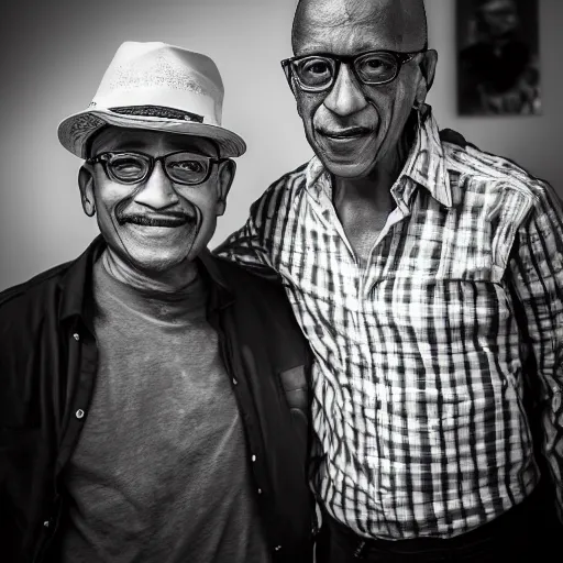 Prompt: b & w shot of pollo hermano w / gus fring ( eos 5 ds r, iso 1 0 0, f / 8, 1 / 1 2 5, 8 4 mm, postprocessed, crisp face, facial features )