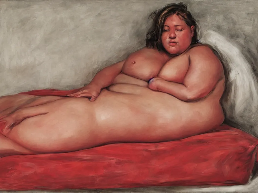 Prompt: Jenny Saville curvy female body on a red bed