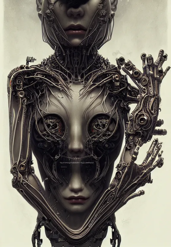 Image similar to ultra realist intricate detailed horror painting of an attractive alien female and a cyborg male, full body, curvy, cyborg tech, symmetry accurate features, very intricate details, horror, side lighting, focus, 8k render, artstyle Hiraku Tanaka and Tom Bagshaw, award winning