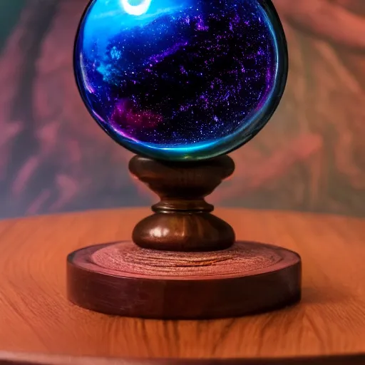 Image similar to a whole universe inside a cosmic crystal ball standing on a mahogany stand on a table in a secret magical forest. Highly detailed, cinematic quality, 8k