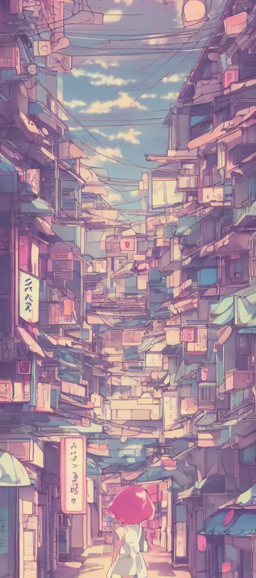 Prompt: beautiful anime! style vaporware cartoon japan, kawaii anime manga style, illustration, aesthetic, minimalistic simple, neon pastel, in the style of hayao miyazaki