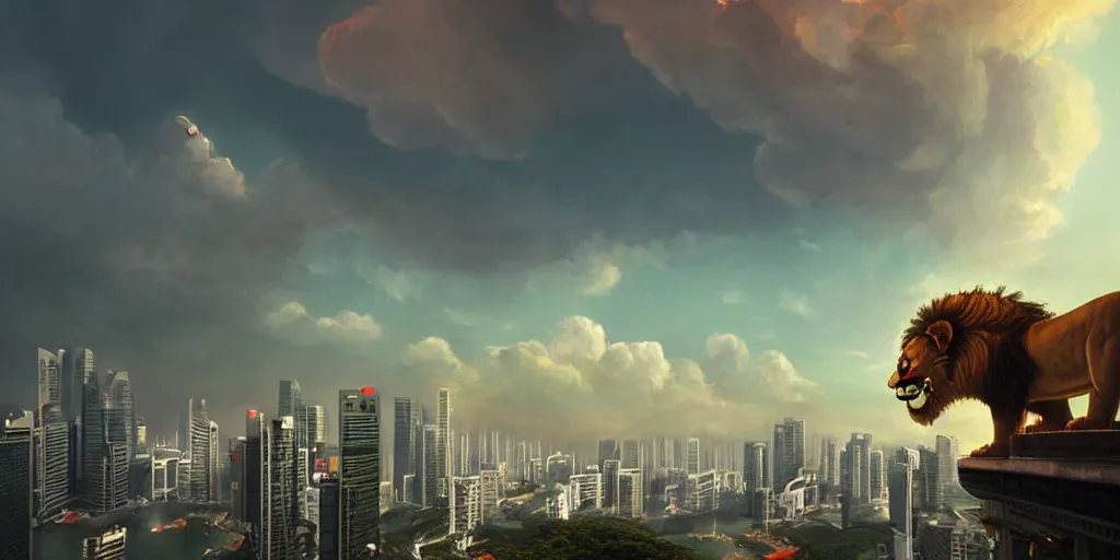 Image similar to Singapore city with a lion-shaped cloud in the sky, by greg rutkowski, red and white lighting, digital art, ultra realistic, ultra detailed, photorealistic, 4k, character concept