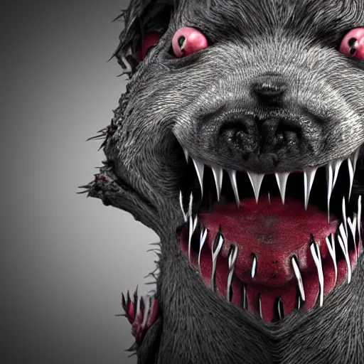 Prompt: close-up of an evil satanic demonic rage-filled puppy bearing its sharp scraggly monstrous teeth and screaming violently, the scariest most horrific puppy ever seen, photorealistic, cursed nightmare-inducing imagery, hyperdetailed 3d matte painting, hyperrealism, hyperrealistic, horror style 8k ultrahd octane render