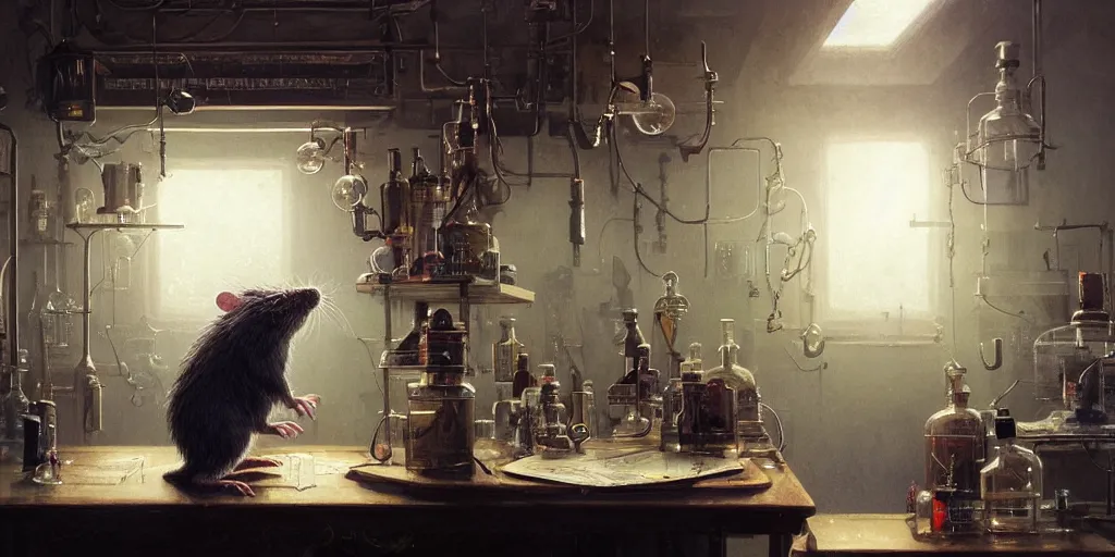 Image similar to highly realistic intricate rat standing on a desk in a laboratory with lots of flasks filled with magic liquids and poisonous fog, stephen bliss, unreal engine, fantasy art by greg rutkowski, loish, rhads, ferdinand knab, ilya kuvshinov, rossdraws, tom bagshaw, global illumination, radiant soft light, detailed and intricate environment