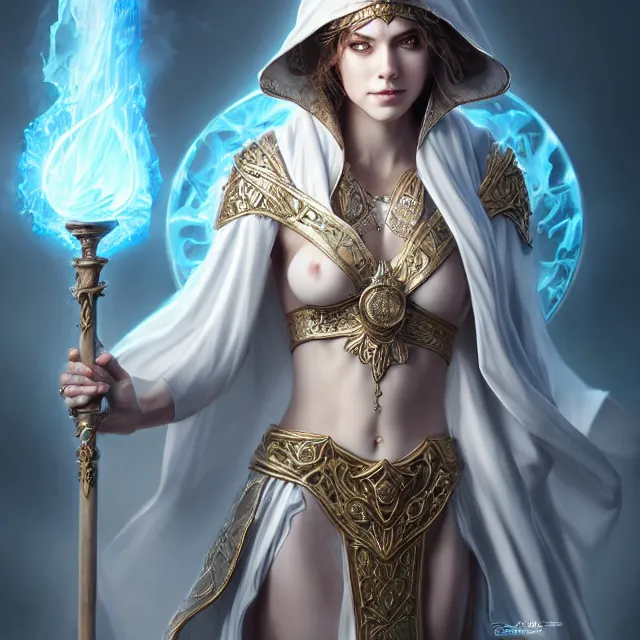 Image similar to beautiful elemental air witch with ornate white robes and staff, highly detailed, 4 k, hdr, smooth, sharp focus, high resolution, award - winning photo, artgerm, photorealistic