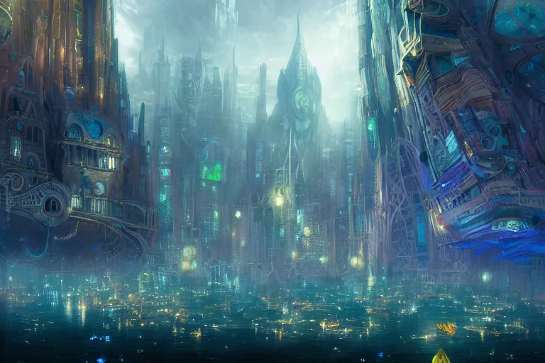 Prompt: an epic landscape view of a vast underwater metropolis, with glowing windows, towers, spires, parapets, balconies, bridges, glass, crystal, with colorful fish and sea creatures, painted by greg rutkowski and tyler edlin, close - up, low angle, wide angle, atmospheric, volumetric lighting, cinematic concept art, very realistic, highly detailed digital art
