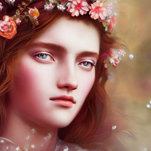 Image similar to princess portrait, adorned with flowers, dewy eyed, glossy features, symmeyric features, red wavy hair, fine art painting, renaissance style, fabric inspired details, hd, 3 d, octane render, 8 k