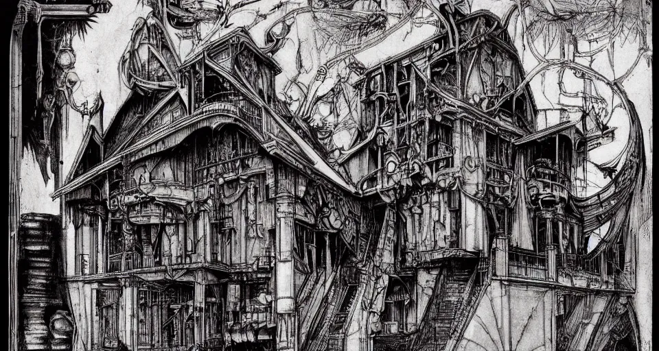 Prompt: the house harkonnen designed by hr giger moebius leonardo da vinci anton la vey and yasushi nirasawa