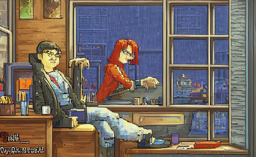 Prompt: Pulp-novel Character sitting and relaxing in front of their work desk in their cozy room as a peaceful rainy city scene is seen through the room's window. Smooth Highly detailed masterpiece pixel-art. in the style of Close Highly detailed masterpiece professional artistry Sega, Namco, Neogeo, Capcom artist's Pixel-art. Trending on artstation. Slice-of-life genre art. Balanced colors and lighting scheme by James Gurney and artgerm. In the style of a 'Music to chill/study' to youtube video.