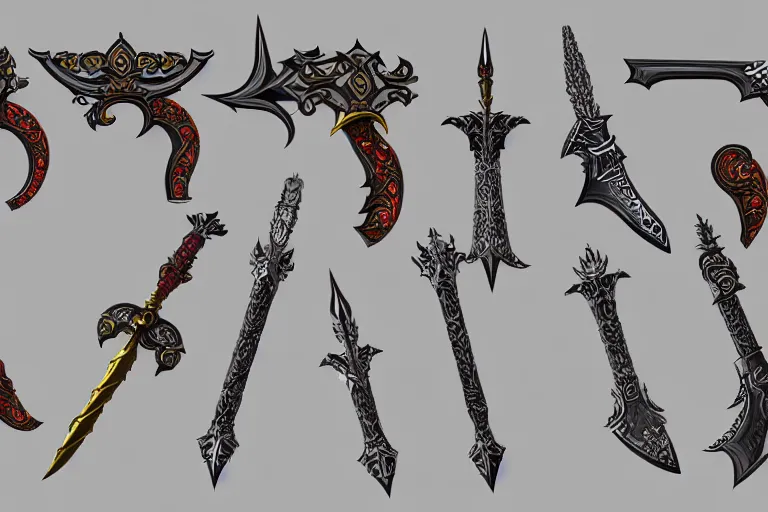 Prompt: design sheet of various ornate fantasy weapons, varied colors