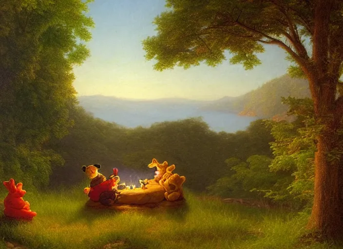 Image similar to american realist romanticism landscape painting of winnie the pooh characters at night, colorful paper lanterns, in the style of hudson river school and thomas cole and albert bierstadt and robert duncanson