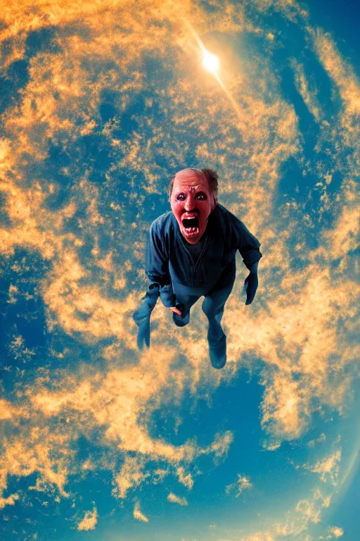 Image similar to a photograph from space of a man unhinging his jaw to eat the sun, 4 k image, golden hour, sigma lens, sourced by nasa, real, scary