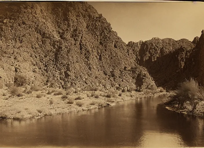 Image similar to View of the Gila river, surrounded by lush desert vegetation and rocky slopes, albumen silver print, Smithsonian American Art Museum