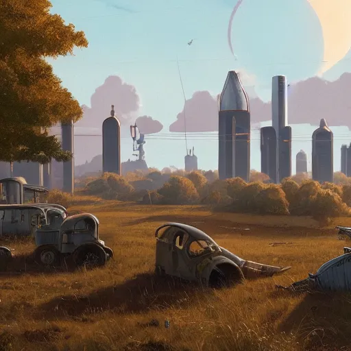 Image similar to An atompunk buildings with the sun shining through the clouds in utopia by Simon Stålenhag and Greg Rutkowski,In style of Grant Wood.hyper detailed,8K Resolution,unreal engine 5,Ray Tracing,highly realistic.trending on Artstation