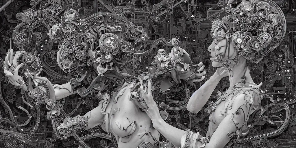 Image similar to hyperrealistic photography of a highly detailed and symmetrical cyborg crafting a machine that makes black flowers covered in white cream in the style of Jin Kagetsu, James Jean and wlop, highly detailed, masterpiece, award-winning, sharp focus, intricate concept art, ambient lighting, 8k, artstation