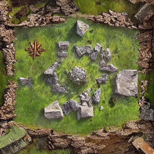 Prompt: RPG battlemap of a field surrounding the ruins of a fallen stone titan, Greg Rutkowski, dramatic lighting, overhead, beautiful lighting, stone colossus remains