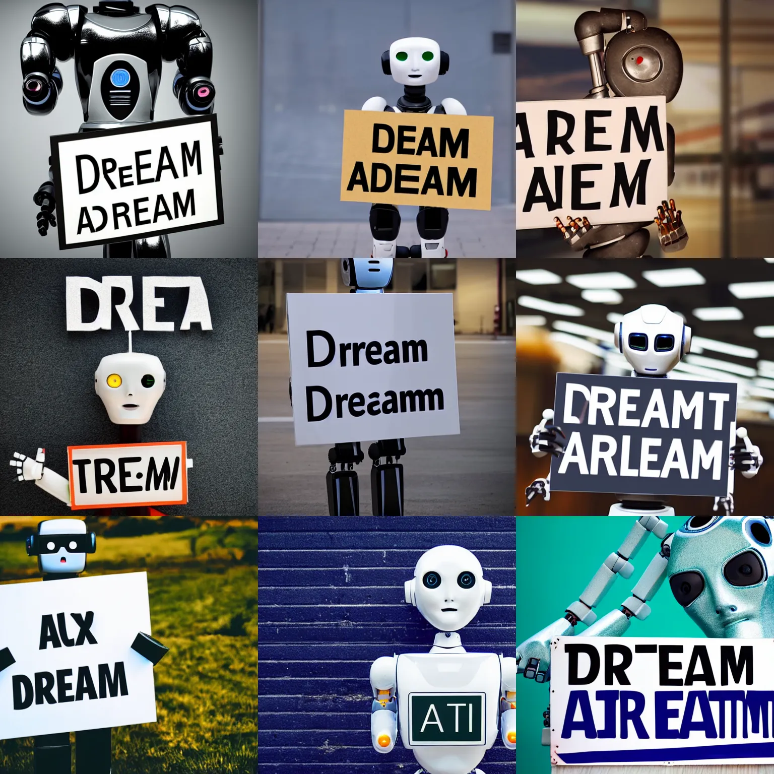 Image similar to photo of artificial intelligence robot holding a sign with text that reads : dream