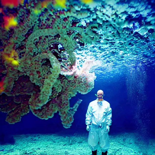 Image similar to walter white in a castle underwater, photo, deep sea, colorful