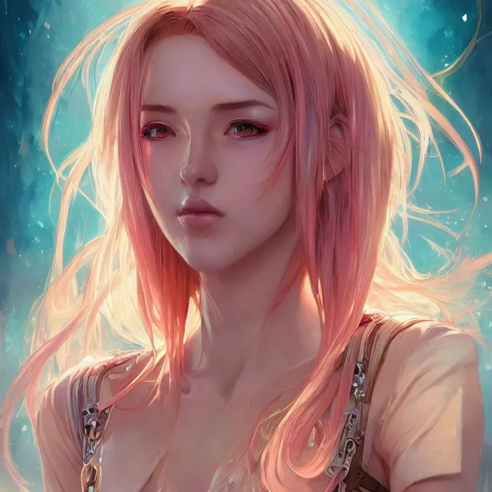 Image similar to portrait of beautiful symmetrical anime girl, rainbow hair, attractive, casual, modern, victoria's secret, highly detailed, digital painting, artstation, concept art, smooth, sharp focus, illustration, art by artgerm, greg rutkowski and alphonse mucha, 8 k,