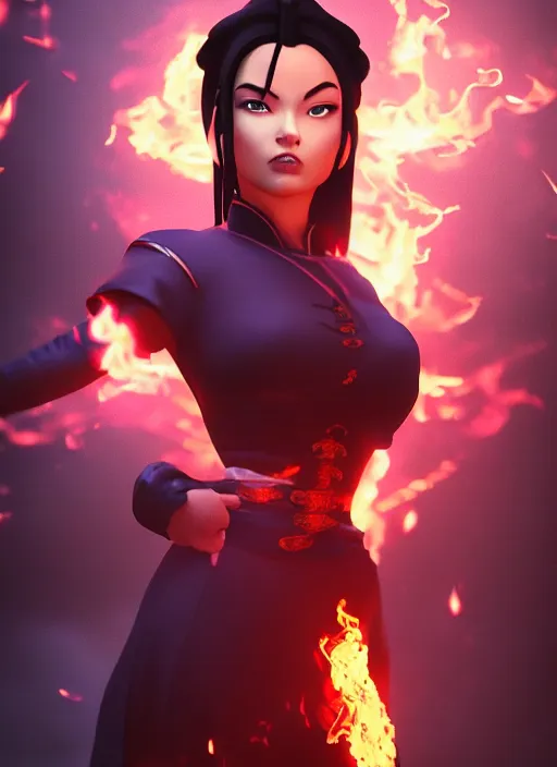 Image similar to azula from avatar the last airbender posing, flames, dark atmosphere, cinematic shot, intricate, ornate, photorealistic, ultra detailed, realistic, 1 0 0 mm, photography, octane, high definition, depth of field, realism, 8 k, artstation