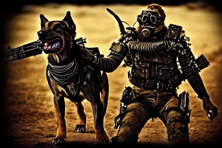 Image similar to a hound dog fursona ( from the furry fandom ), heavily armed and armored facing down armageddon in a dark and gritty version from the makers of mad max : fury road. witness me.