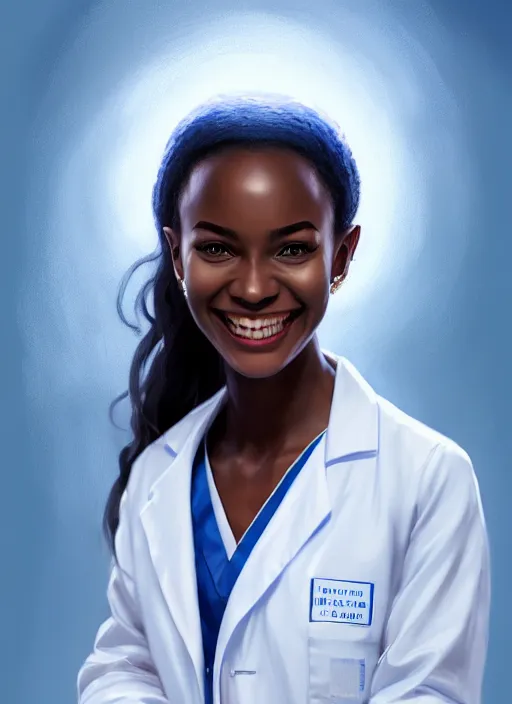 Prompt: full body portrait of young black woman with as a doctor, blue scrubs and white coat, intricate, beaming smile, angelic halo, highly detailed, digital painting, artstation, concept art, smooth, sharp focus, illustration, art by wlop, mars ravelo and greg rutkowski