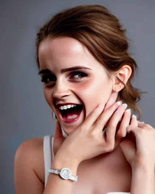 Image similar to A photo of laugh emma watson show wedding ring on his fingers. 50 mm. perfect ring. award winning photography