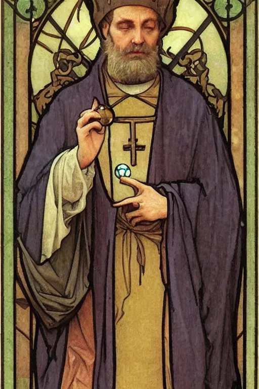 Prompt: medieval bishop holding a pokeball, mucha, art nouveau, bouguereau