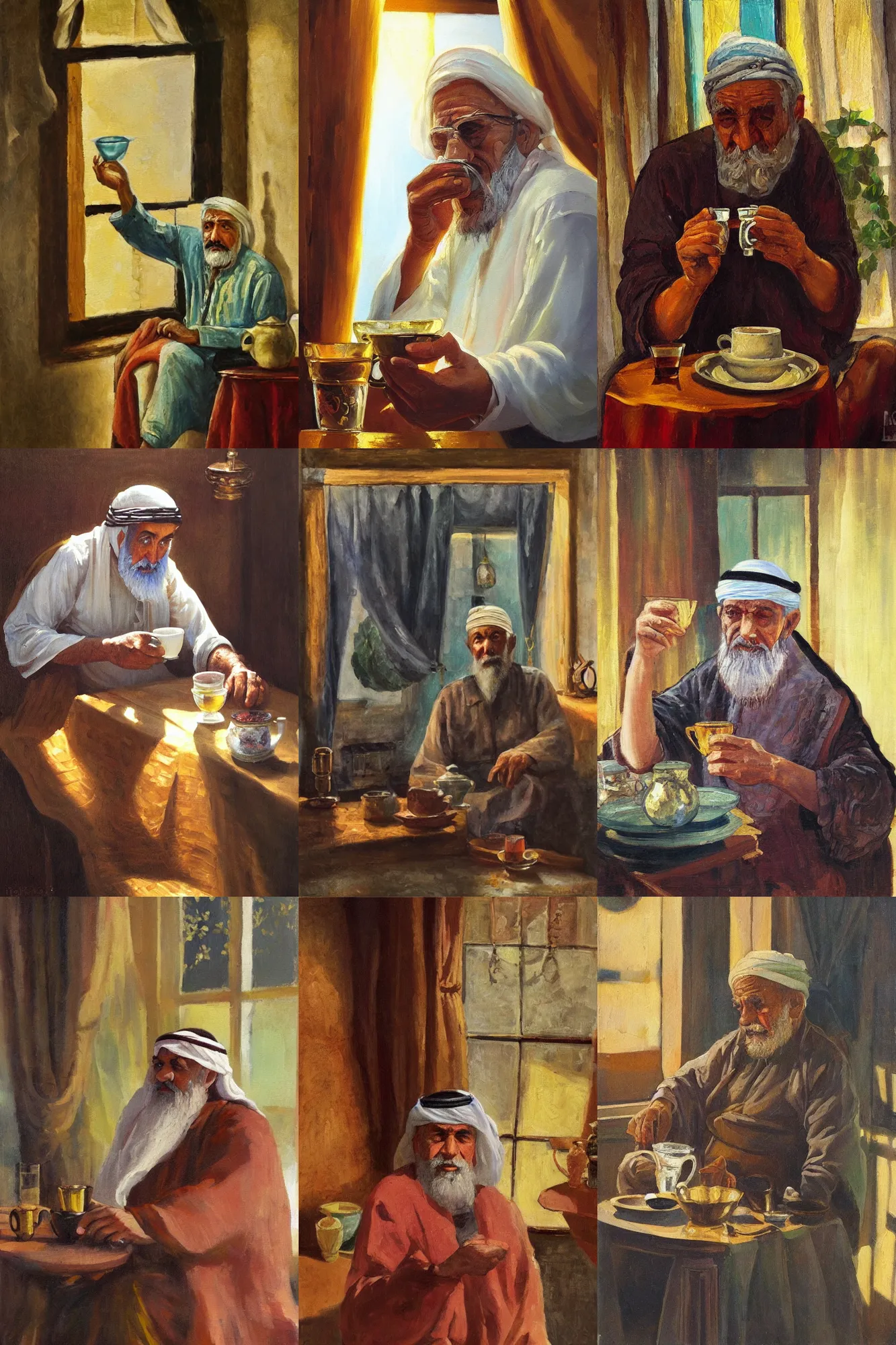 Prompt: old middle eastern man drinking from a glass cup of tea, oil painting, cozy, sunlight, refraction, glassware, teahouse, golden highlights