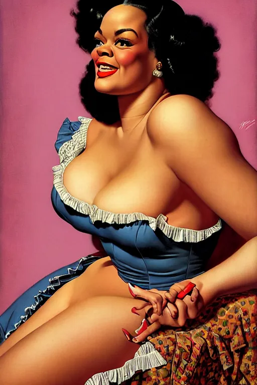 Image similar to jill scott portrait by gil elvgren and norman rockwell and rob gonsalves and hajime sorayama, hyperrealistic, high detail, ultra detailed, highly detailed face, ruffled fabric