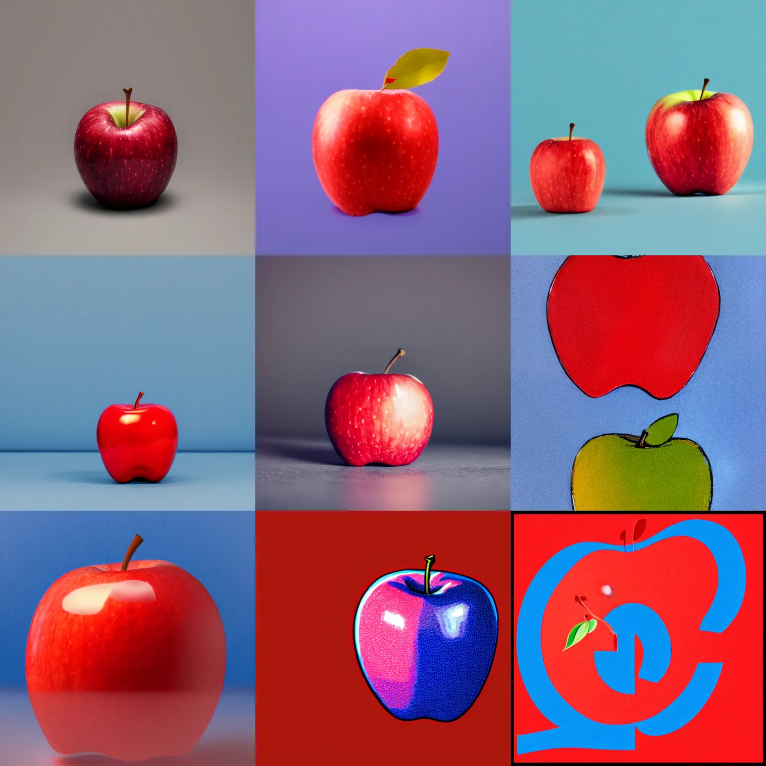 Prompt: an apple with a [ [ [ red ] ] ] and ( ( ( blue ) ) ) background