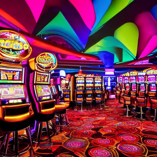 Prompt: inside a casino, fruit machines, chandeliers, lights and colors, abstract style